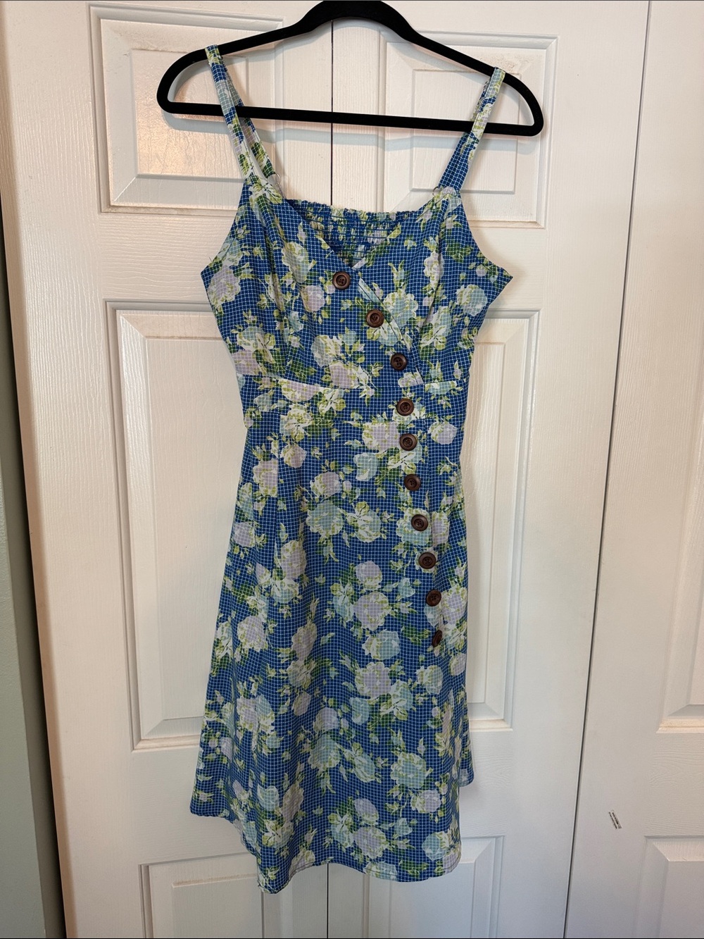 Blue Floral Midi Dress with Asymmetrical Button Front